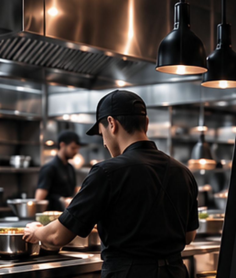 Cozinheiro preparando pedidos em uma dark kitchen em operação